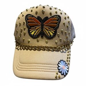 Butterfly Embellished Tan Hat